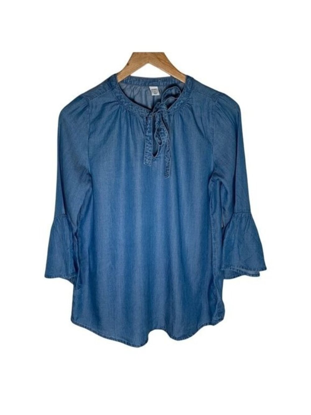 Old Navy Womens Small Chambray Bell Sleeve Tie Neck Blouse Blue